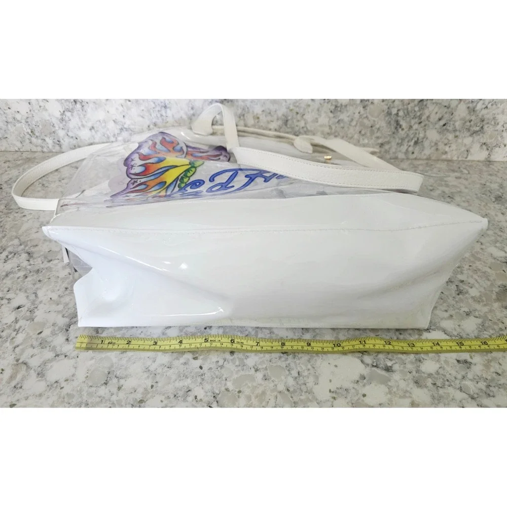 Ed Hardy Clear PVC Butterfly Beach Tote Bag & Zip Pouch Purple White 14x13x6 NWT